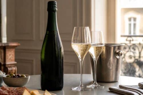 Bouteille de champagne sans étiquette avec deux verres tulipe, sans texte ni personne