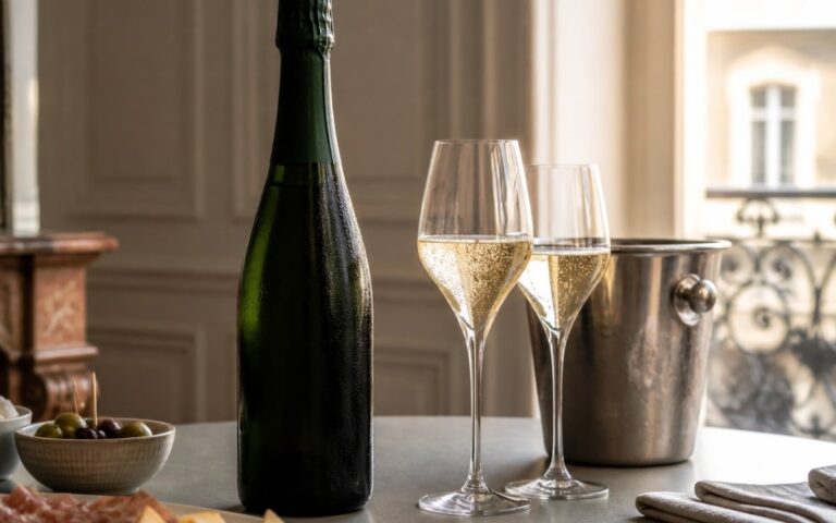 Bouteille de champagne sans étiquette avec deux verres tulipe, sans texte ni personne