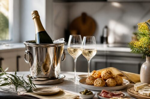 Bouteille de champagne sans étiquette en seau à glace avec deux verres et des gougères, sans texte ni personne
