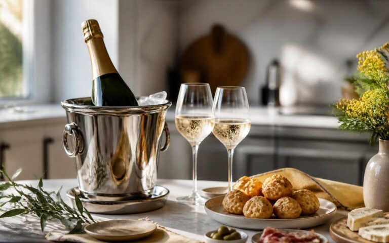 Bouteille de champagne sans étiquette en seau à glace avec deux verres et des gougères, sans texte ni personne
