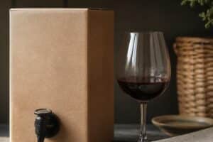 Cubi de vin sans marque avec robinet, verre de vin rouge et étagère de cellier