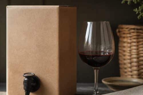 Cubi de vin sans marque avec robinet, verre de vin rouge et étagère de cellier