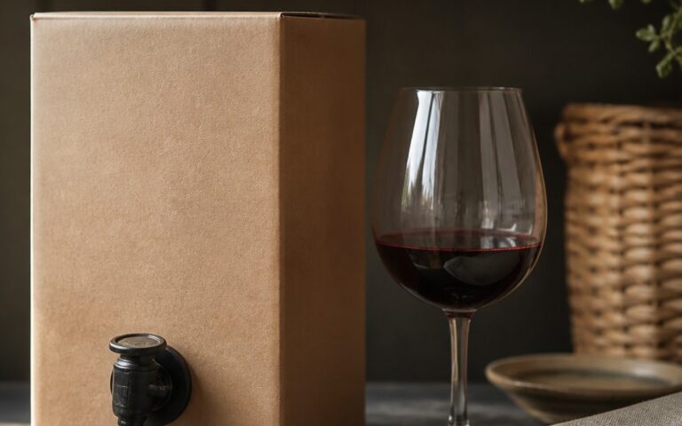 Cubi de vin sans marque avec robinet, verre de vin rouge et étagère de cellier