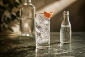 Verre de gin tonic transparent avec gros glaçons et zeste de pamplemousse, sans texte ni personne