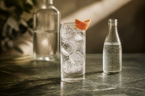 Verre de gin tonic transparent avec gros glaçons et zeste de pamplemousse, sans texte ni personne