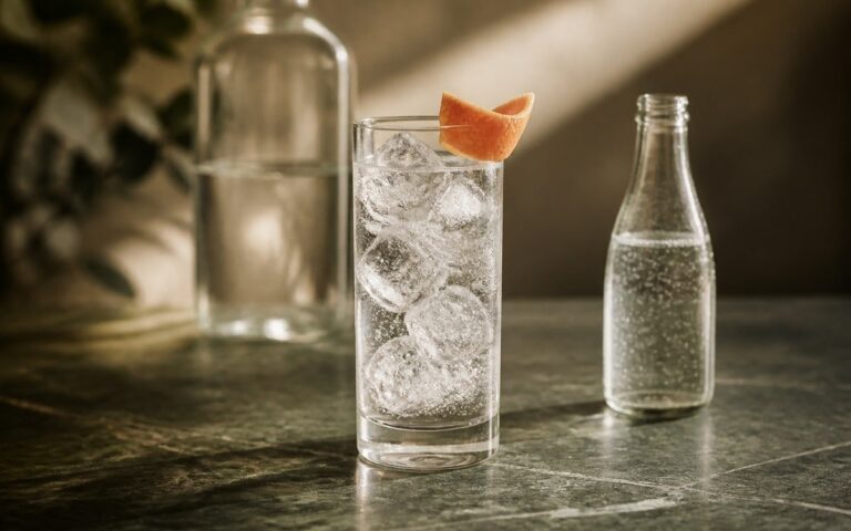 Verre de gin tonic transparent avec gros glaçons et zeste de pamplemousse, sans texte ni personne