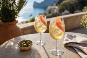 Deux verres d’Italicus Spritz doré avec glaçons, pamplemousse et olives, sans texte ni personne