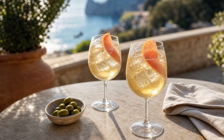 Deux verres d’Italicus Spritz doré avec glaçons, pamplemousse et olives, sans texte ni personne