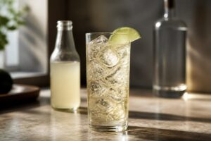 Moscow Mule clair avec gros glaçons et quartier de citron vert