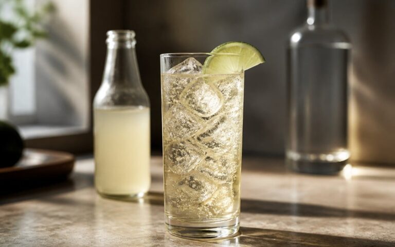 Moscow Mule clair avec gros glaçons et quartier de citron vert