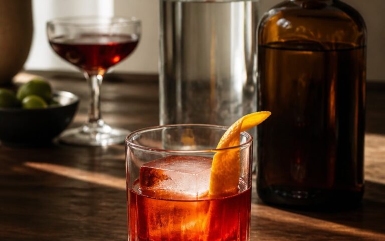 Negroni rouge en verre bas avec un gros glaçon et un zeste d’orange, bouteilles génériques sans étiquette