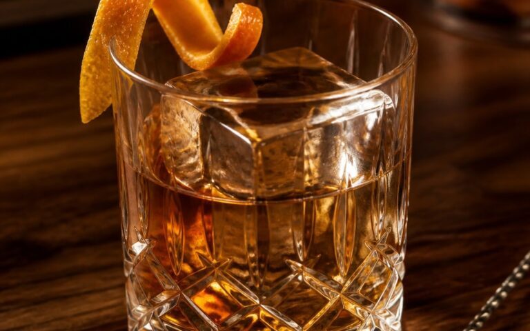 Old Fashioned ambré dans un verre bas, gros glaçon carré et zeste d’orange, sans marque ni personne