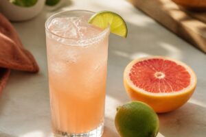 Paloma rose pâle avec glaçons, pamplemousse rose et citron vert