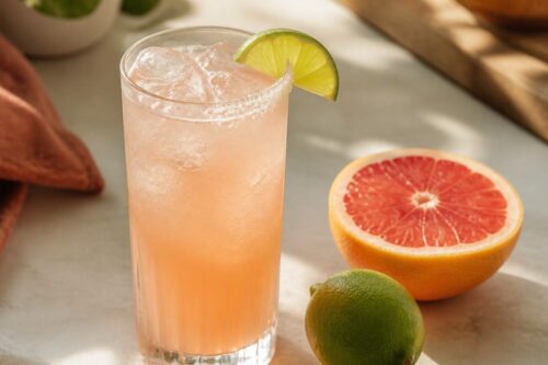 Paloma rose pâle avec glaçons, pamplemousse rose et citron vert