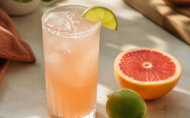 Paloma rose pâle avec glaçons, pamplemousse rose et citron vert