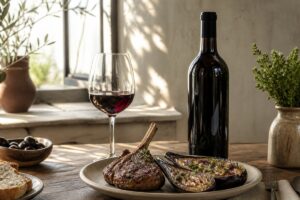 Côte d’agneau grillée et aubergine rôtie avec bouteille de vin rouge sans étiquette et verre à vin, sans texte ni personne