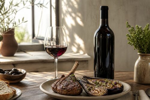 Côte d’agneau grillée et aubergine rôtie avec bouteille de vin rouge sans étiquette et verre à vin, sans texte ni personne