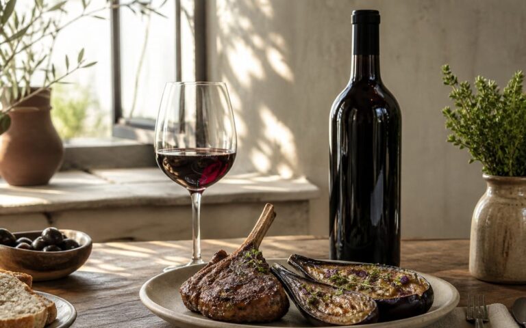 Côte d’agneau grillée et aubergine rôtie avec bouteille de vin rouge sans étiquette et verre à vin, sans texte ni personne