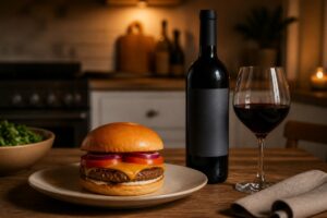 Burger maison au cheddar, verre de vin rouge et bouteille sans marque sur une table de cuisine, sans personne ni texte