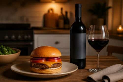 Burger maison au cheddar, verre de vin rouge et bouteille sans marque sur une table de cuisine, sans personne ni texte