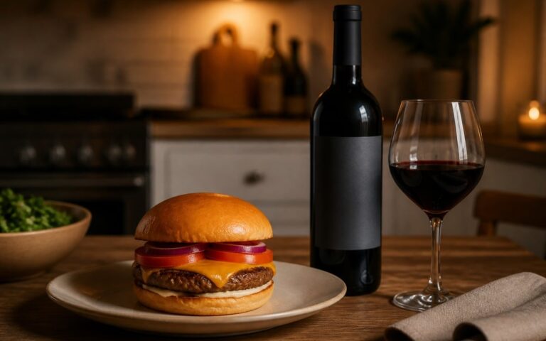 Burger maison au cheddar, verre de vin rouge et bouteille sans marque sur une table de cuisine, sans personne ni texte