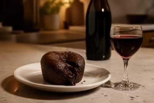 Fondant au chocolat coulant, verre de vin rouge doux et bouteille sans marque sur un plan de travail, sans personne ni texte