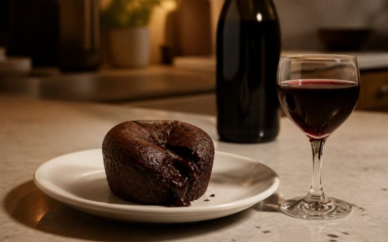 Fondant au chocolat coulant, verre de vin rouge doux et bouteille sans marque sur un plan de travail, sans personne ni texte
