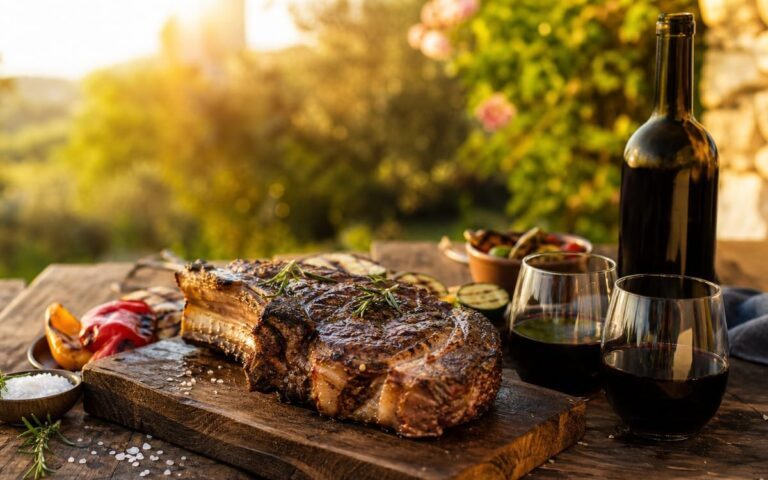 Côte de bœuf grillée sur une table d’été avec bouteille sans étiquette et verres de vin rouge, sans texte ni personne