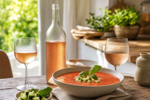 Bol de gaspacho avec bouteille de rosé sans étiquette et deux verres sur une table d’été, sans texte ni personne