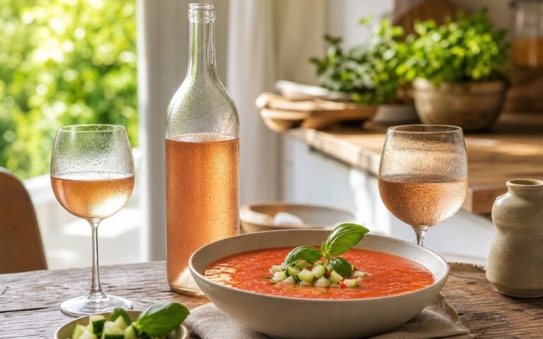 Bol de gaspacho avec bouteille de rosé sans étiquette et deux verres sur une table d’été, sans texte ni personne