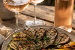 Assiette de légumes grillés avec deux verres de rosé et bouteille sans étiquette, sans texte ni personne