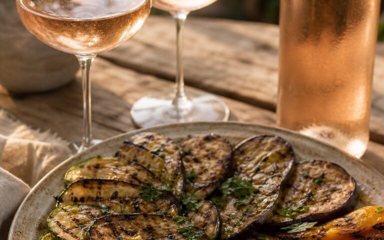 Assiette de légumes grillés avec deux verres de rosé et bouteille sans étiquette, sans texte ni personne