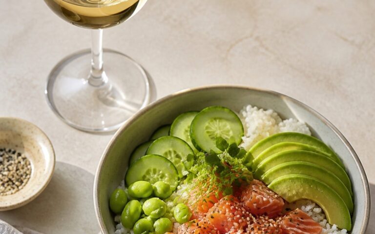 Poke bowl au saumon, avocat, concombre et edamame avec un verre de vin blanc sans marque, sans personne ni texte
