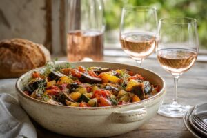 Plat de ratatouille maison avec deux verres de rosé et bouteille sans étiquette, sans texte ni personne