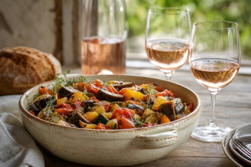 Plat de ratatouille maison avec deux verres de rosé et bouteille sans étiquette, sans texte ni personne