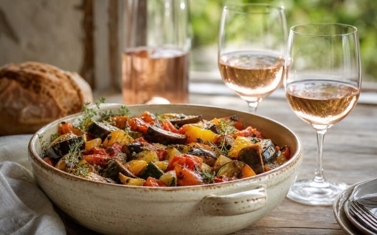 Plat de ratatouille maison avec deux verres de rosé et bouteille sans étiquette, sans texte ni personne