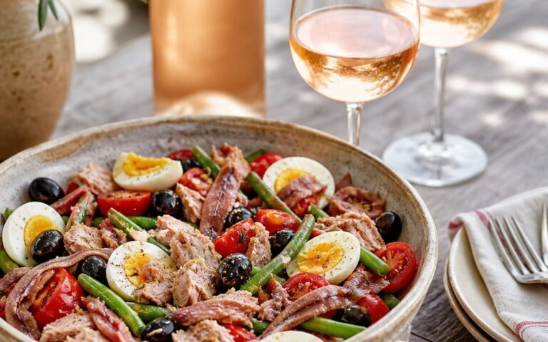 Salade niçoise avec thon, anchois, œufs, tomates, olives et deux verres de rosé sans texte ni personne