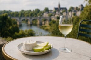 Verre de vin blanc sec avec chèvre frais et pomme verte sur une table, sans texte ni personne