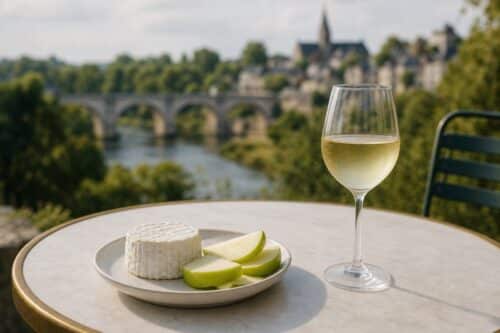 Verre de vin blanc sec avec chèvre frais et pomme verte sur une table, sans texte ni personne