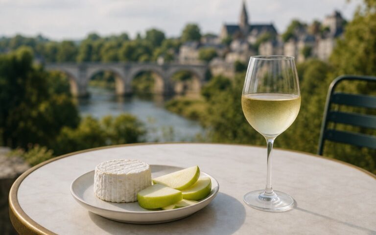 Verre de vin blanc sec avec chèvre frais et pomme verte sur une table, sans texte ni personne