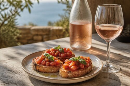 Bruschettas aux tomates et basilic avec un verre de rosé et une bouteille sans étiquette