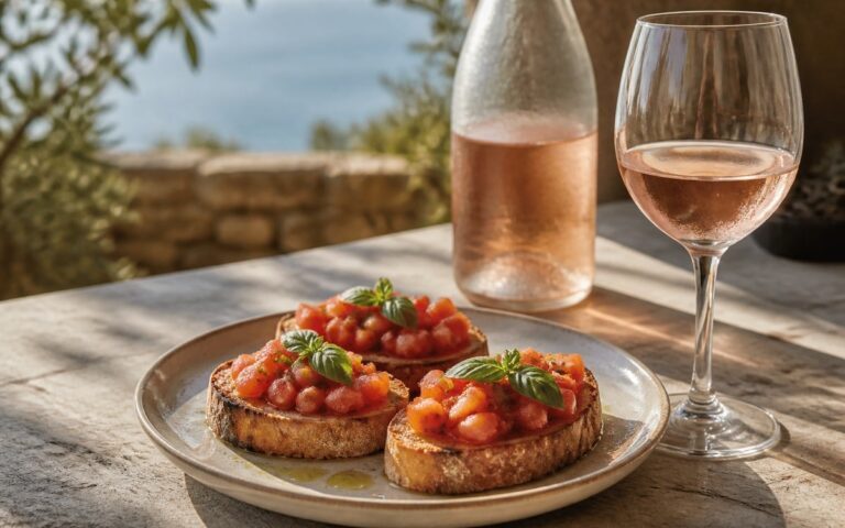 Bruschettas aux tomates et basilic avec un verre de rosé et une bouteille sans étiquette