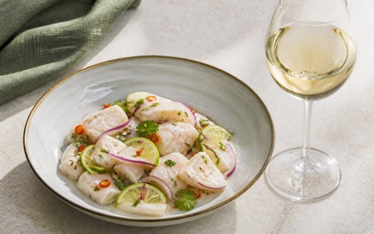 Ceviche de poisson au citron vert avec un verre de vin blanc sec