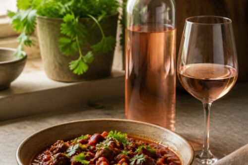Chili con carne dans un bol, bouteille de rosé sans étiquette et verre à vin