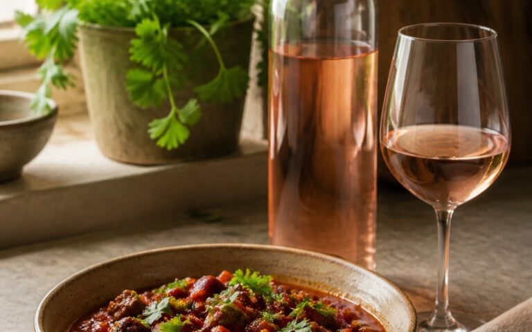 Chili con carne dans un bol, bouteille de rosé sans étiquette et verre à vin