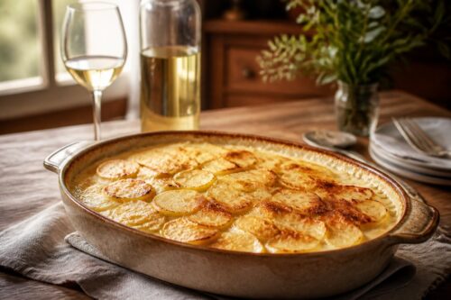 Gratin dauphinois doré dans un plat, verre et bouteille de vin blanc sans étiquette