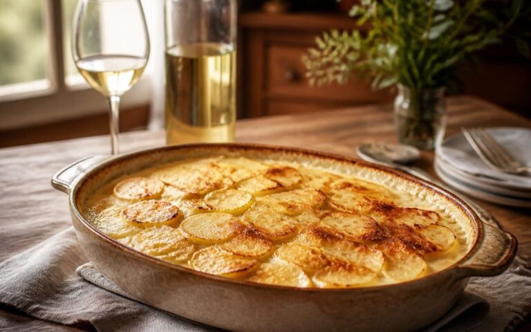 Gratin dauphinois doré dans un plat, verre et bouteille de vin blanc sans étiquette