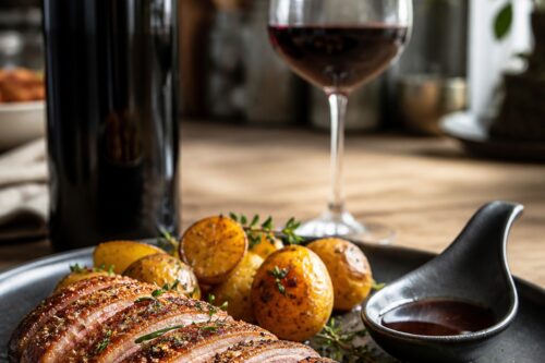 Magret de canard rosé avec pommes de terre, jus court, bouteille de vin rouge sans étiquette et verre à vin, sans texte ni personne