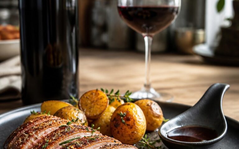 Magret de canard rosé avec pommes de terre, jus court, bouteille de vin rouge sans étiquette et verre à vin, sans texte ni personne