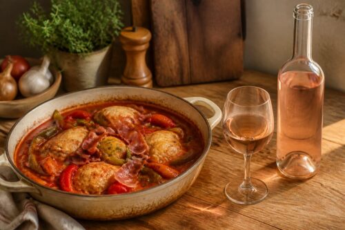 Poulet basquaise aux poivrons dans une cocotte, bouteille de rosé sans étiquette et verre à vin